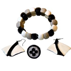 Black White & Gray Ring Earring Bracelet Set